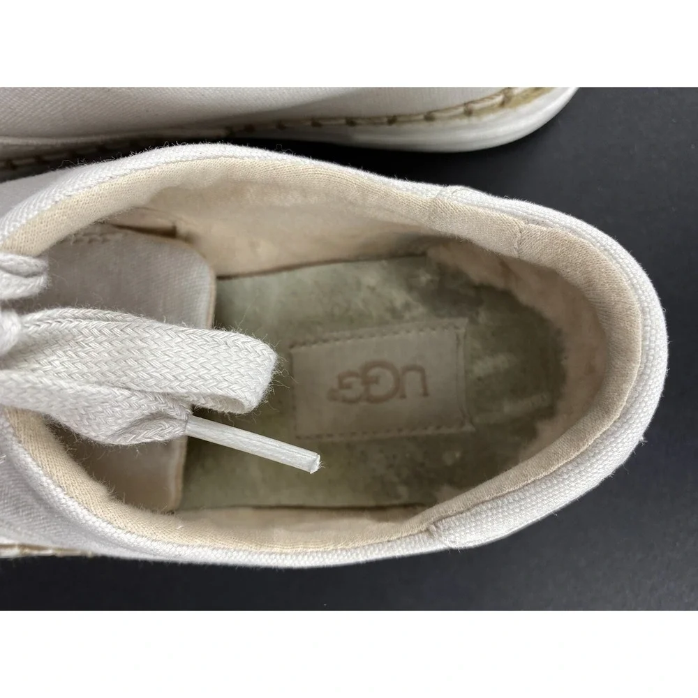 UGG Sneakers Girls Size 6 White Canvas‎ Lace Up Decorated Edge Fur Inside Heel